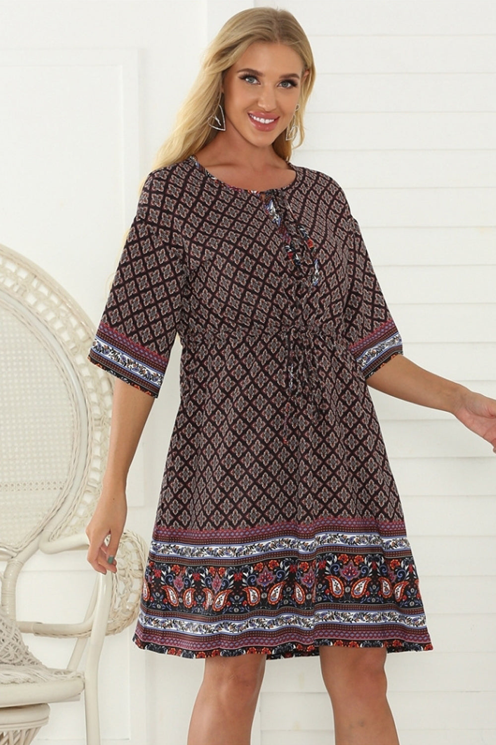 A-line Belt Five-point Sleeve Dress