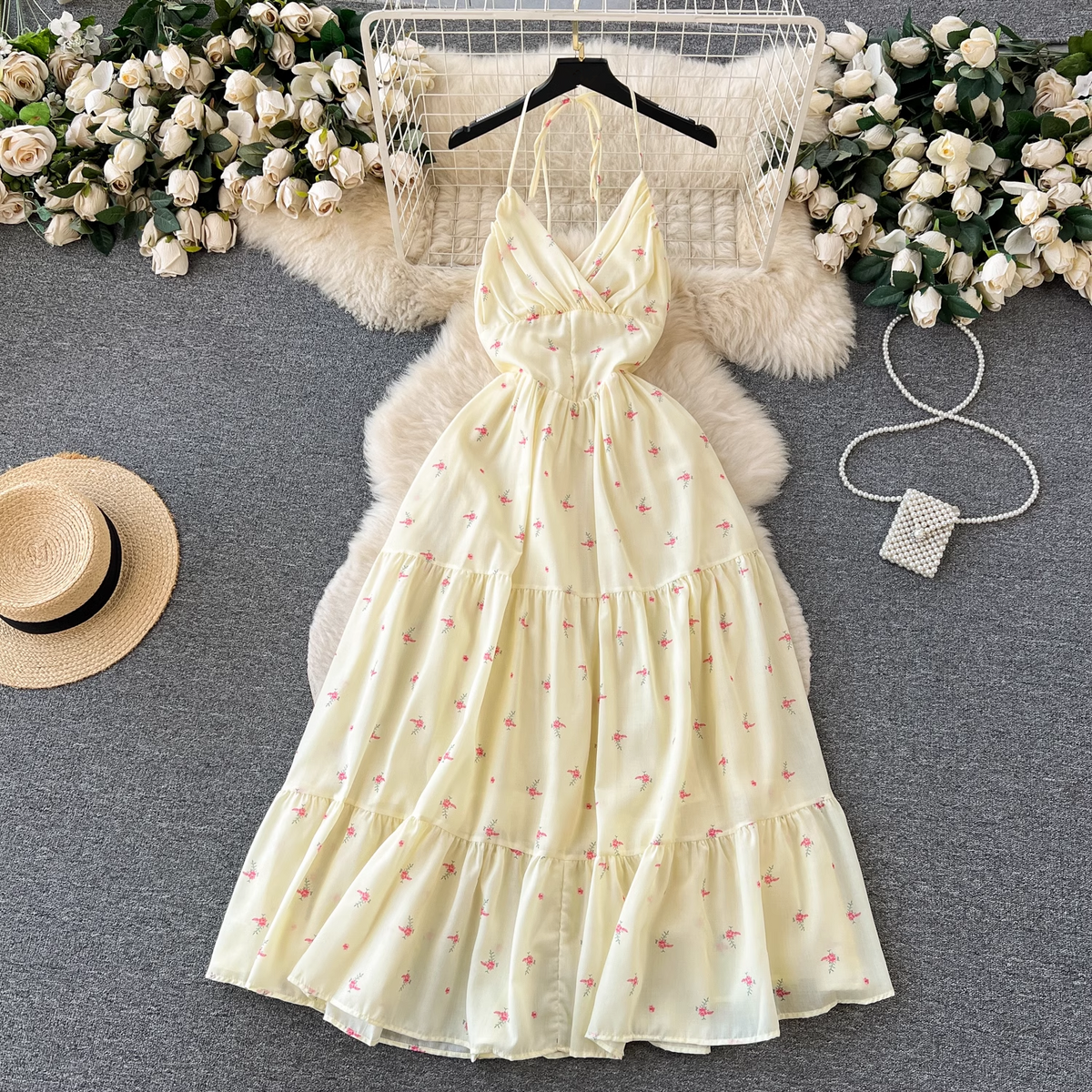 Floral sling dress women's summer strappy backless design super fairy dress