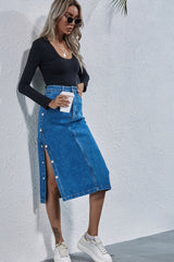 High Waist Denim Button Slit Skirt