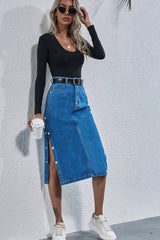 High Waist Denim Button Slit Skirt