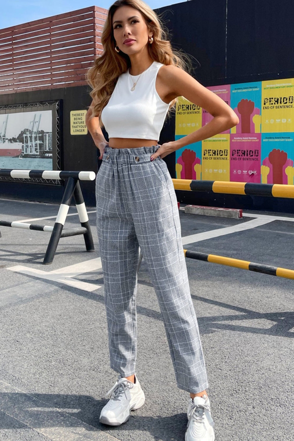 High-Waisted Plaid Straight-Leg Pants