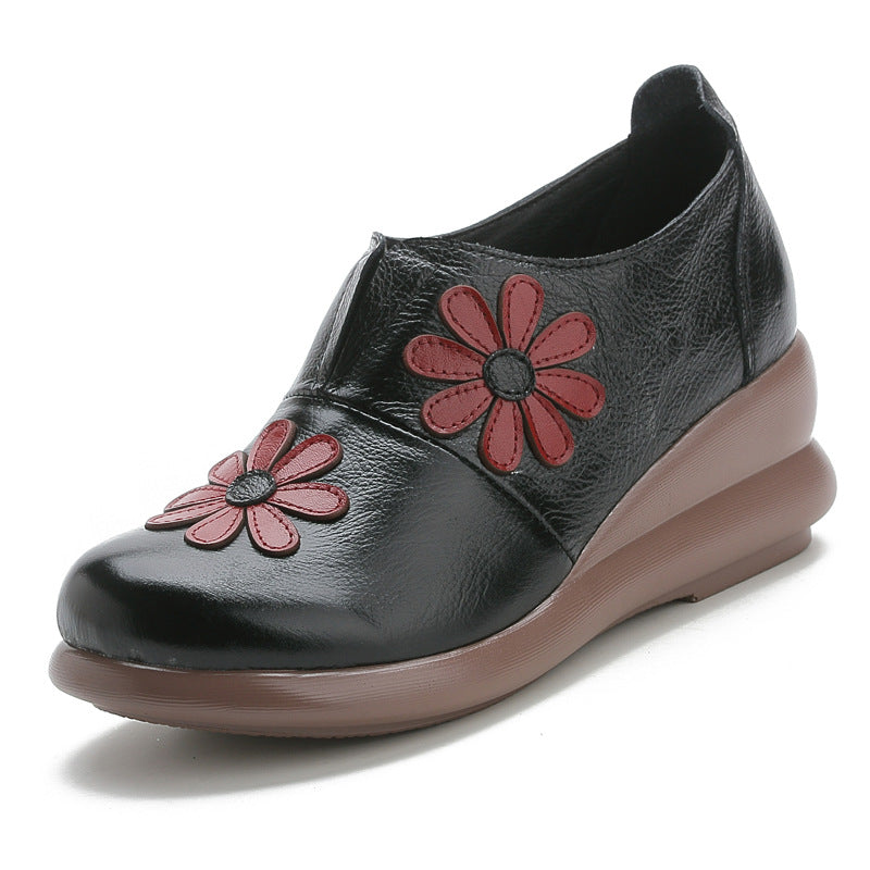 Leather Embroider Flower Wedges Loafers