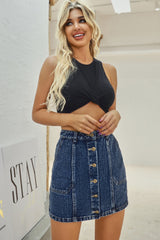 High Waist Denim Button Pocket Skirt