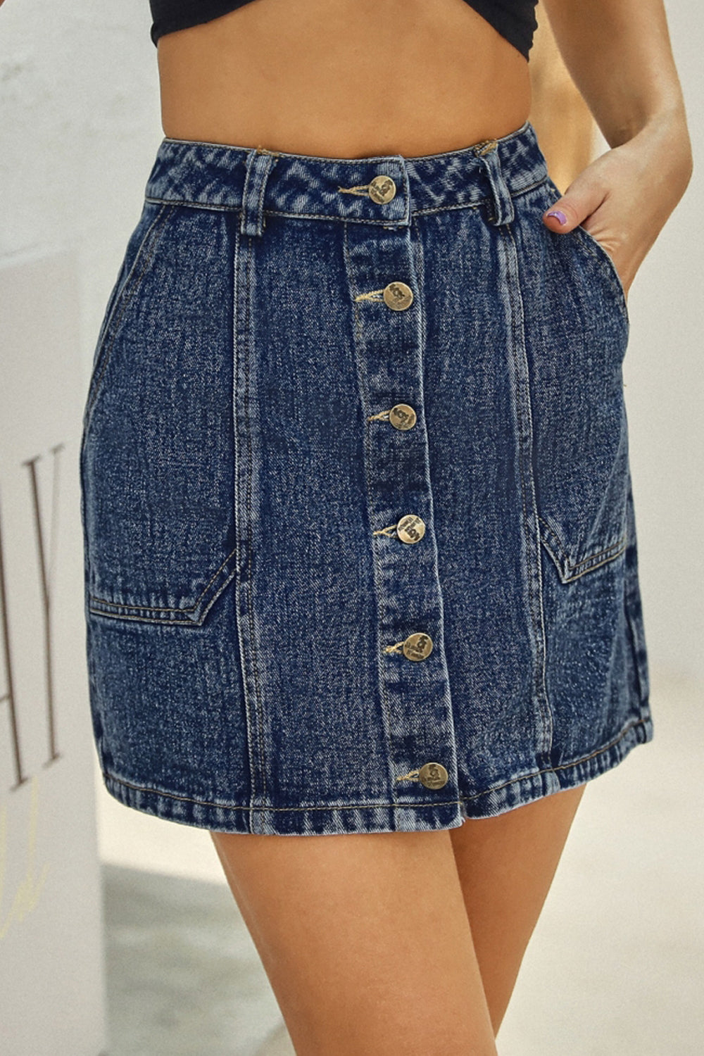 High Waist Denim Button Pocket Skirt