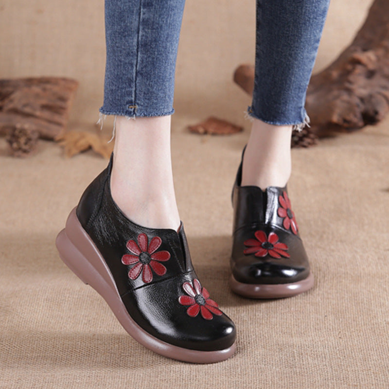 Leather Embroider Flower Wedges Loafers