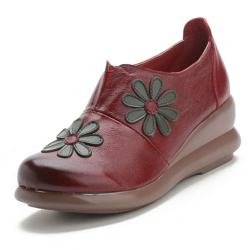 Leather Embroider Flower Wedges Loafers