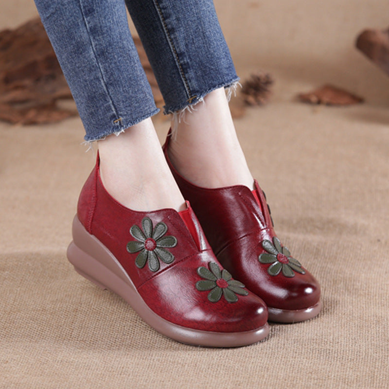 Leather Embroider Flower Wedges Loafers