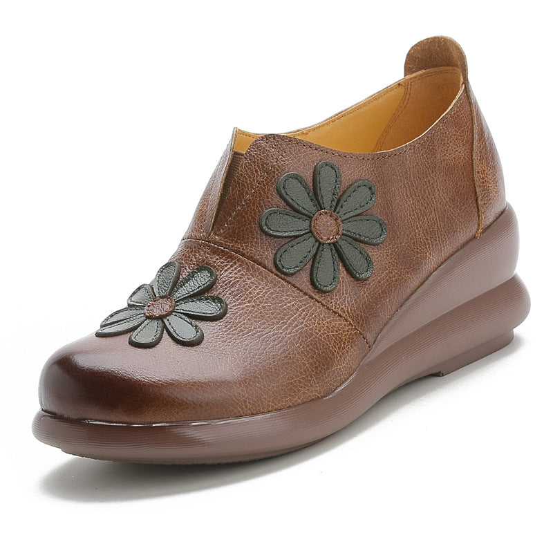 Leather Embroider Flower Wedges Loafers