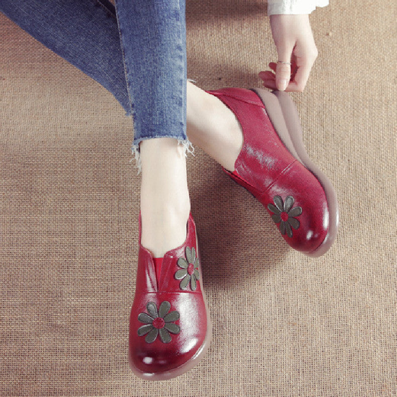 Leather Embroider Flower Wedges Loafers