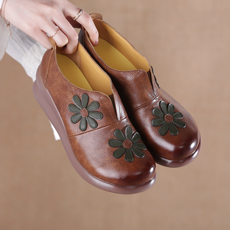 Leather Embroider Flower Wedges Loafers