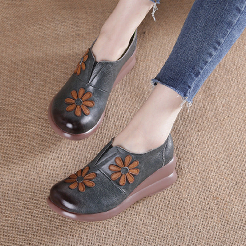 Leather Embroider Flower Wedges Loafers