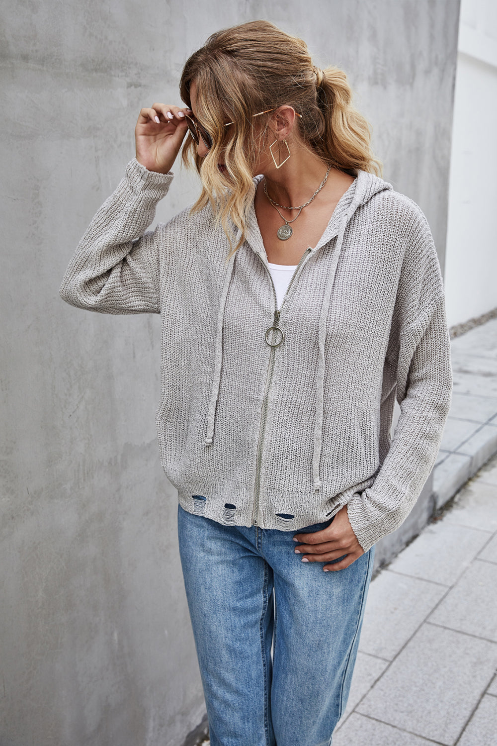 Knitted Open Front Hooded Sweater