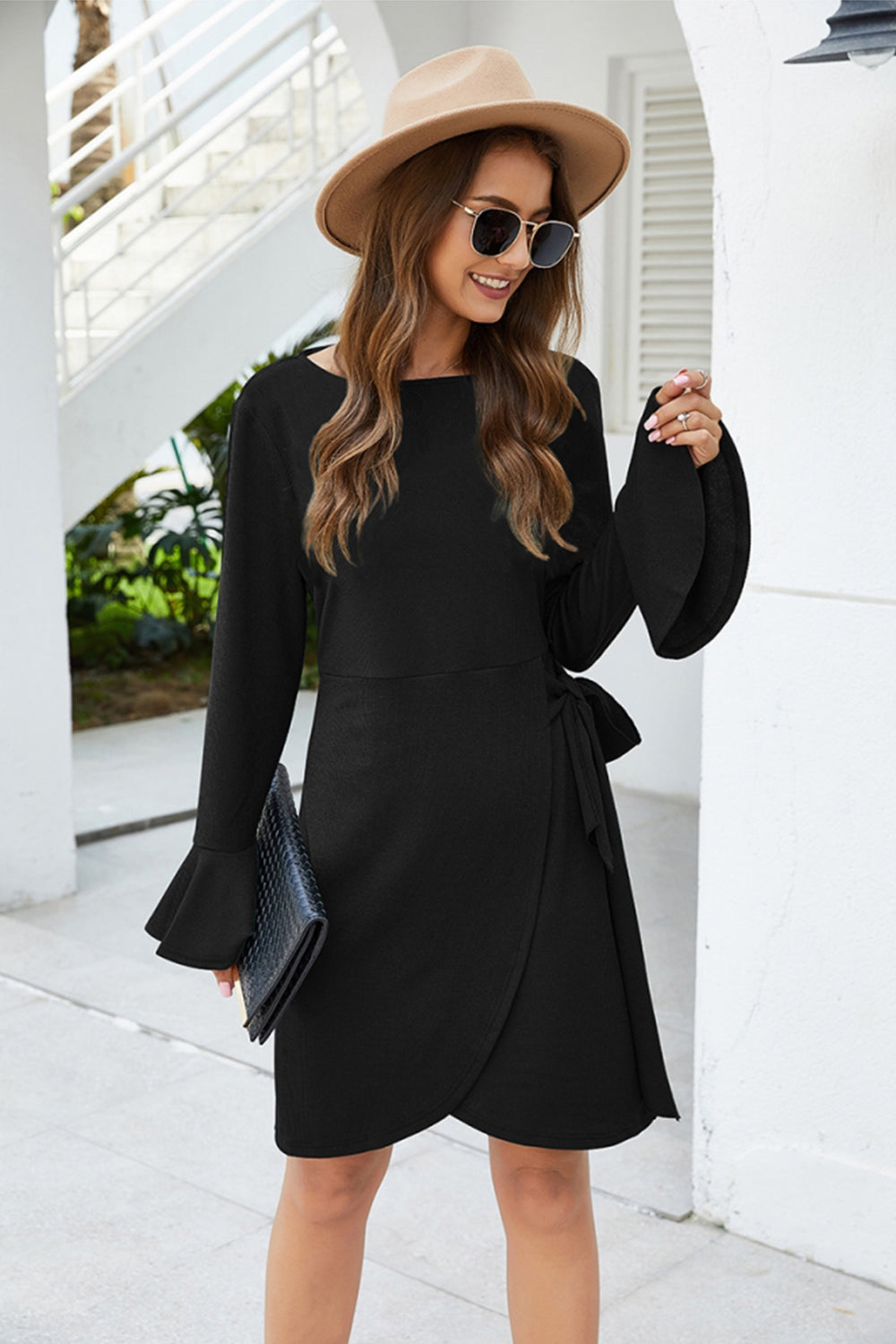 Knitted Drawstring Solid Color Dress