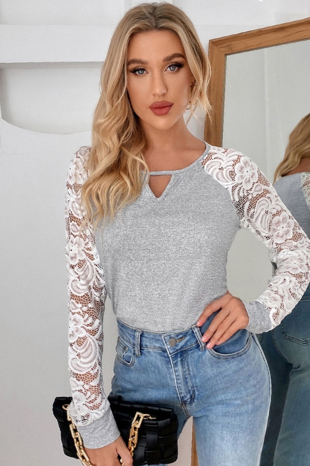 Hollow Lace Sleeve Round Neck Blouse