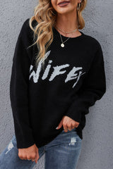 Black Round Neck Letter Sweater