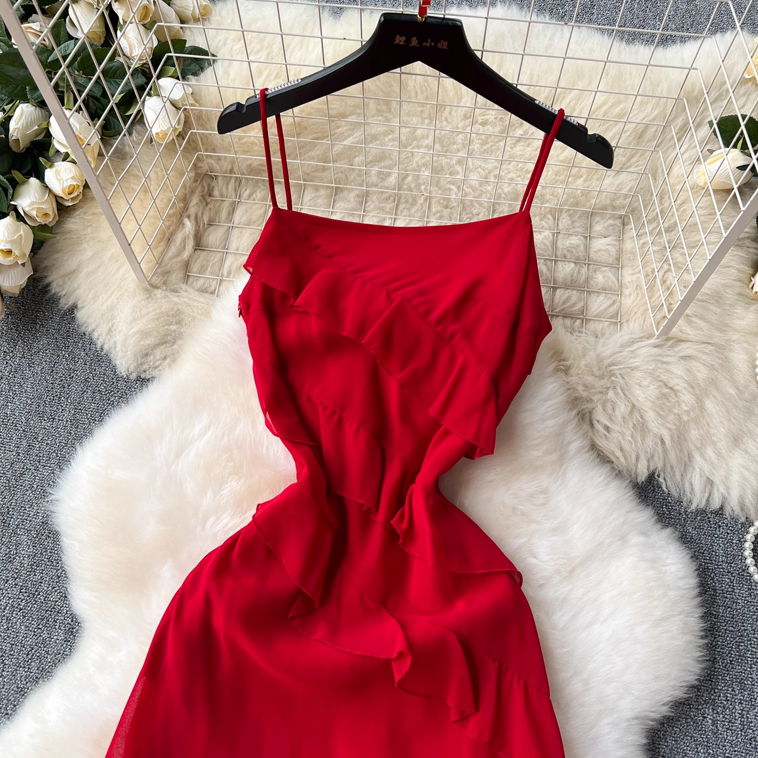 Red dress sexy slit ruffled patchwork holiday skirt