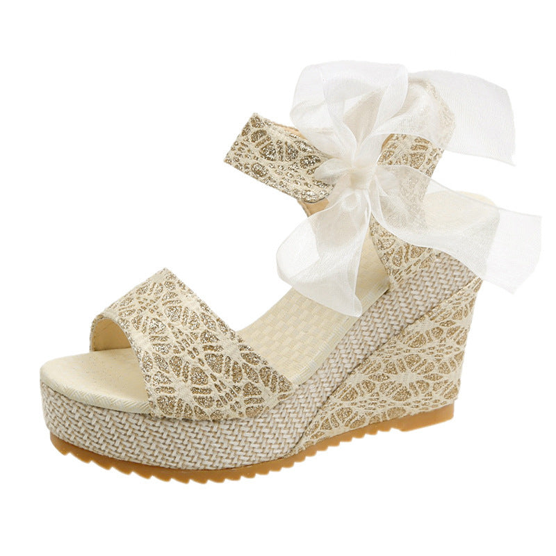 Lace Bow Wedges Sandals