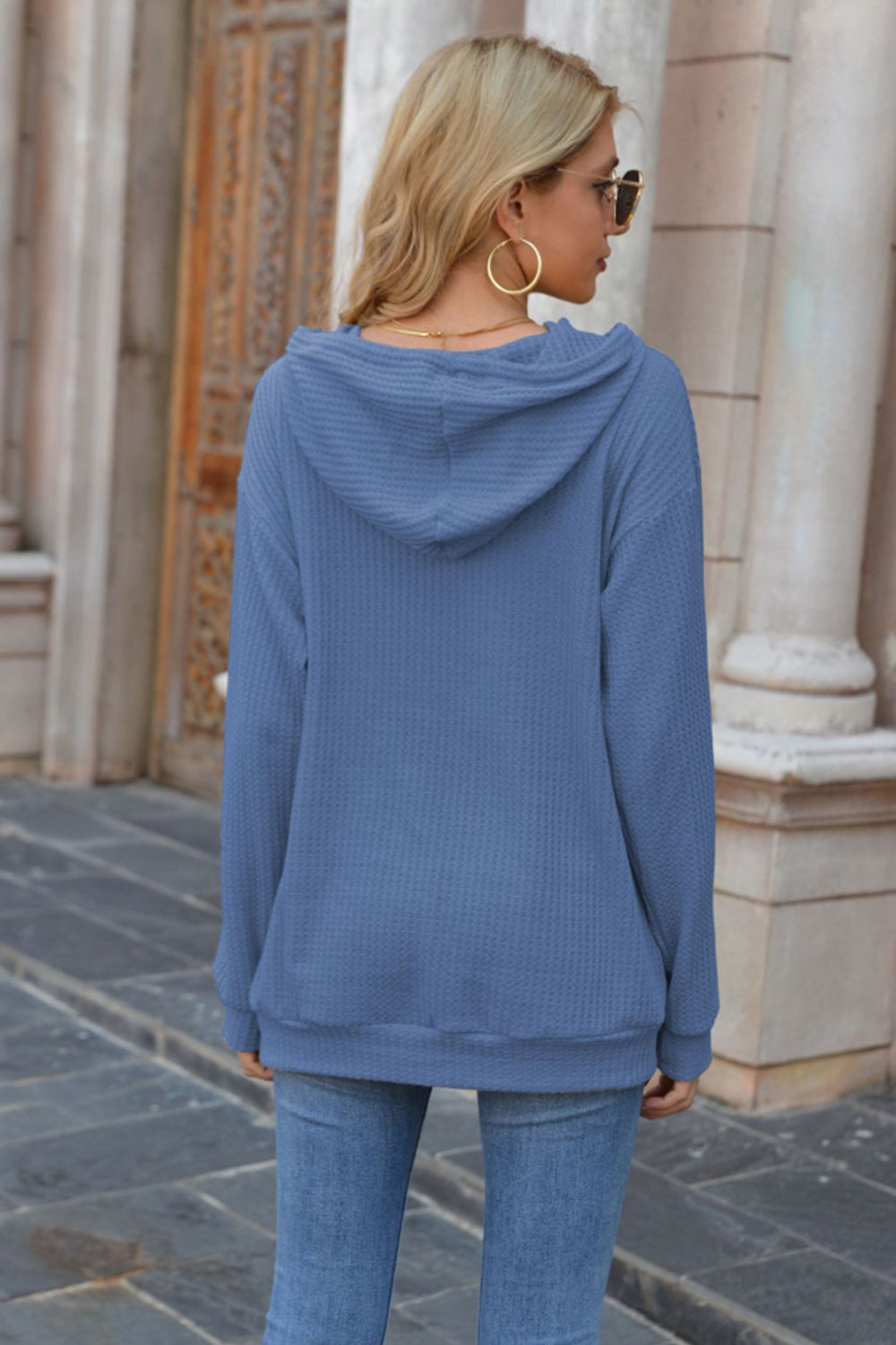 Hooded Pocket Solid Color Sweater