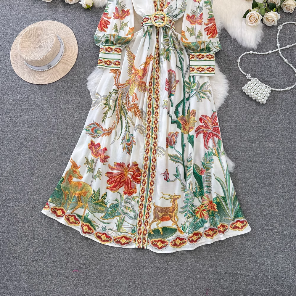 Long-sleeved stand-collar A-line printed dress