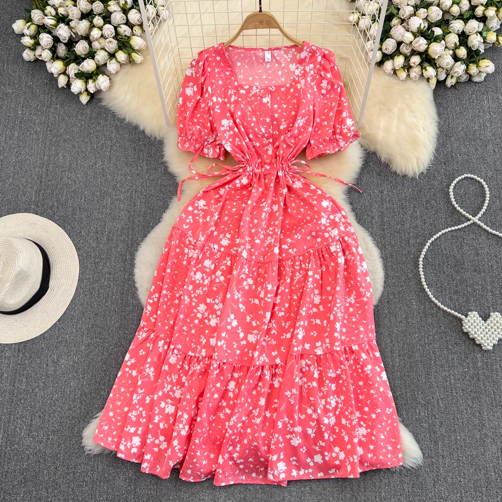 Square collar puff sleeve summer fluffy princess dress,