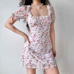 Retro Strawberry Floral Square Neck Short Sleeve Dress