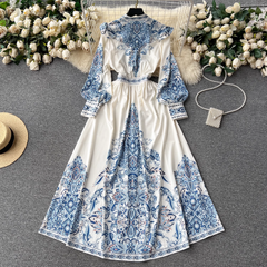 women's printed v neck long sleeve maxi dress