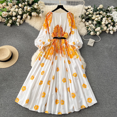 women's dress printed pleated holiday long dress