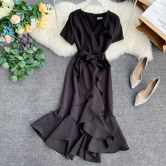 chic v neckline high low spring summer dress ,