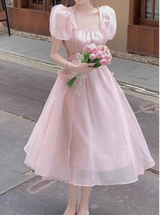 Pink backless dress for women summer puff sleeve long dress