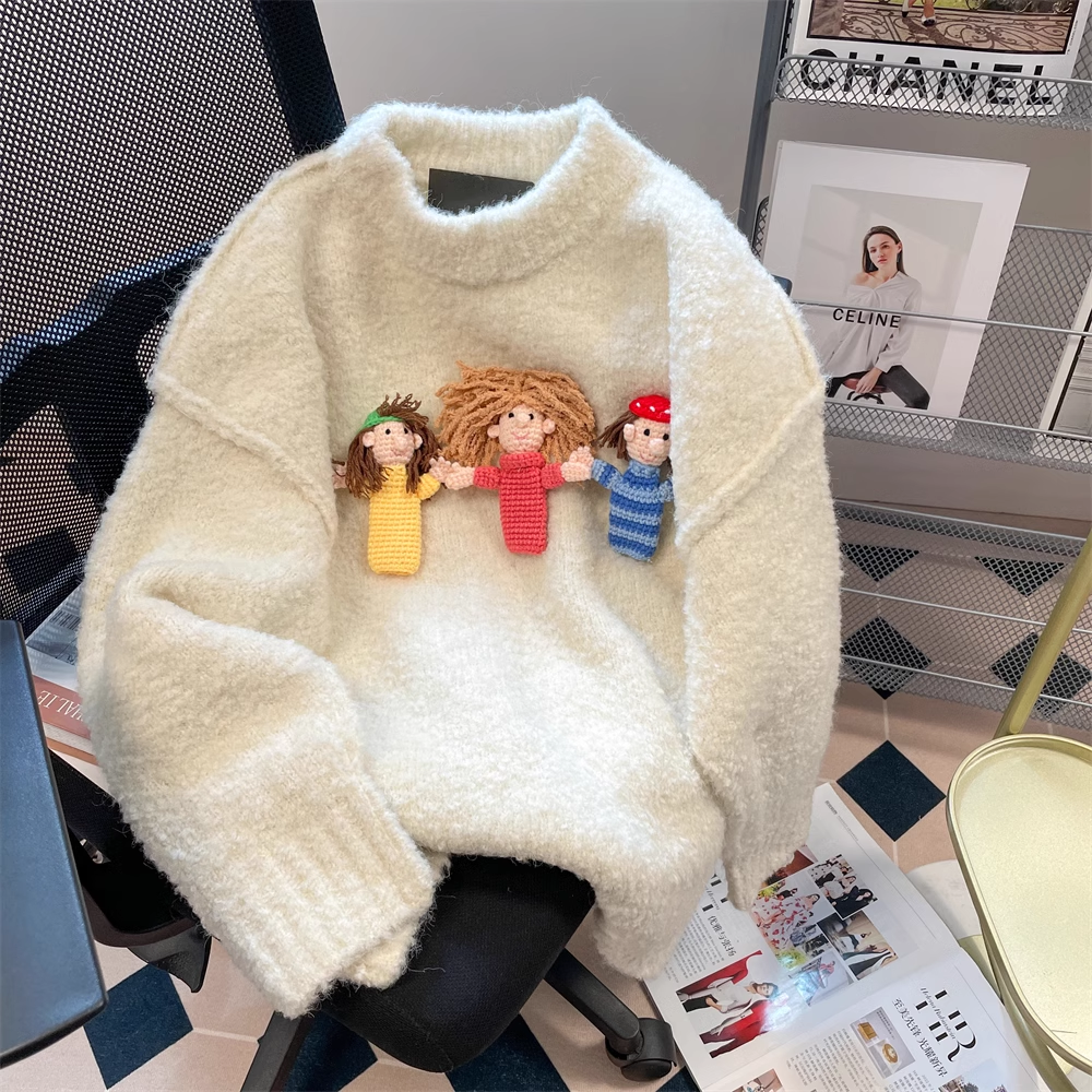 Three-dimensional doll sweater for women, autumn and winter lazy vintage outer wear