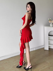 Red irregular sexy short dress