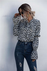 Leopard Lace Up Lantern Sleeve Blouse