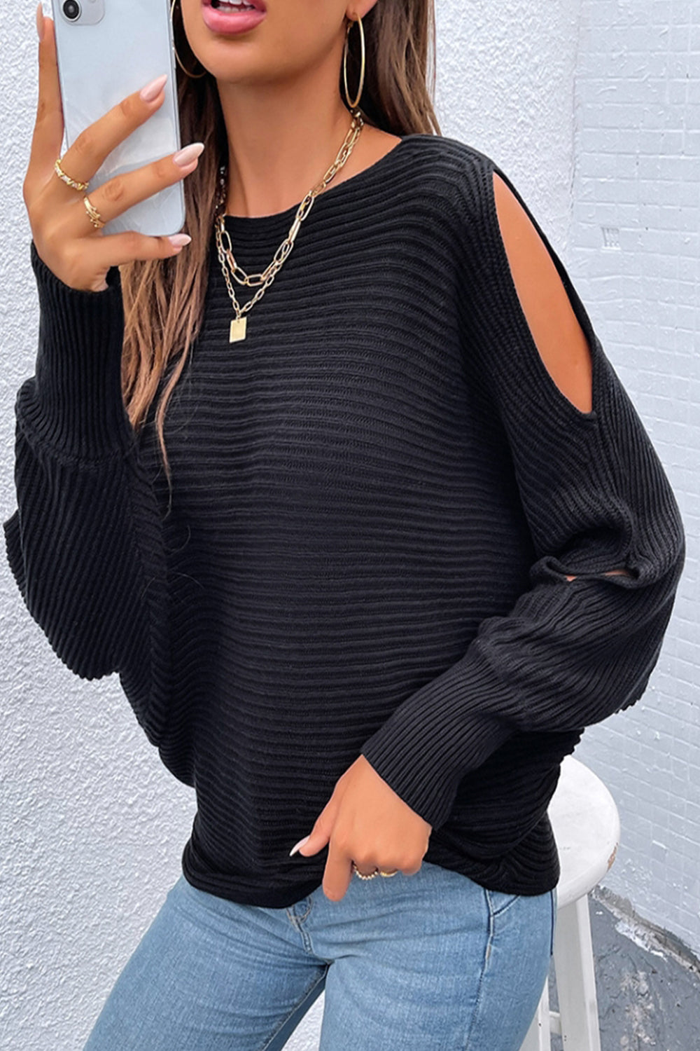 Bat Sleeve Hollow Knit Sweater