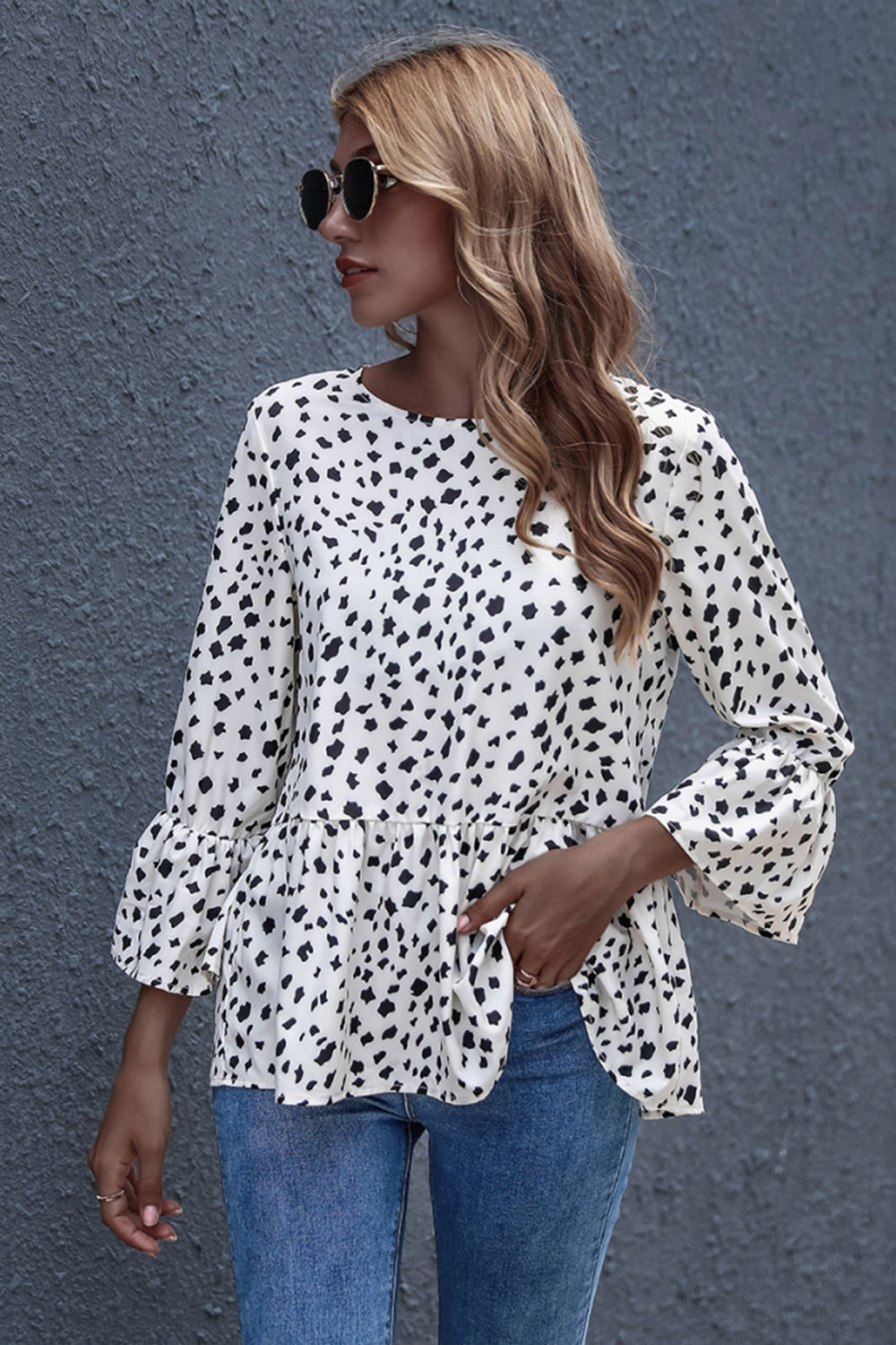 Black-dot Print Round Neck Loose Ruffled Top