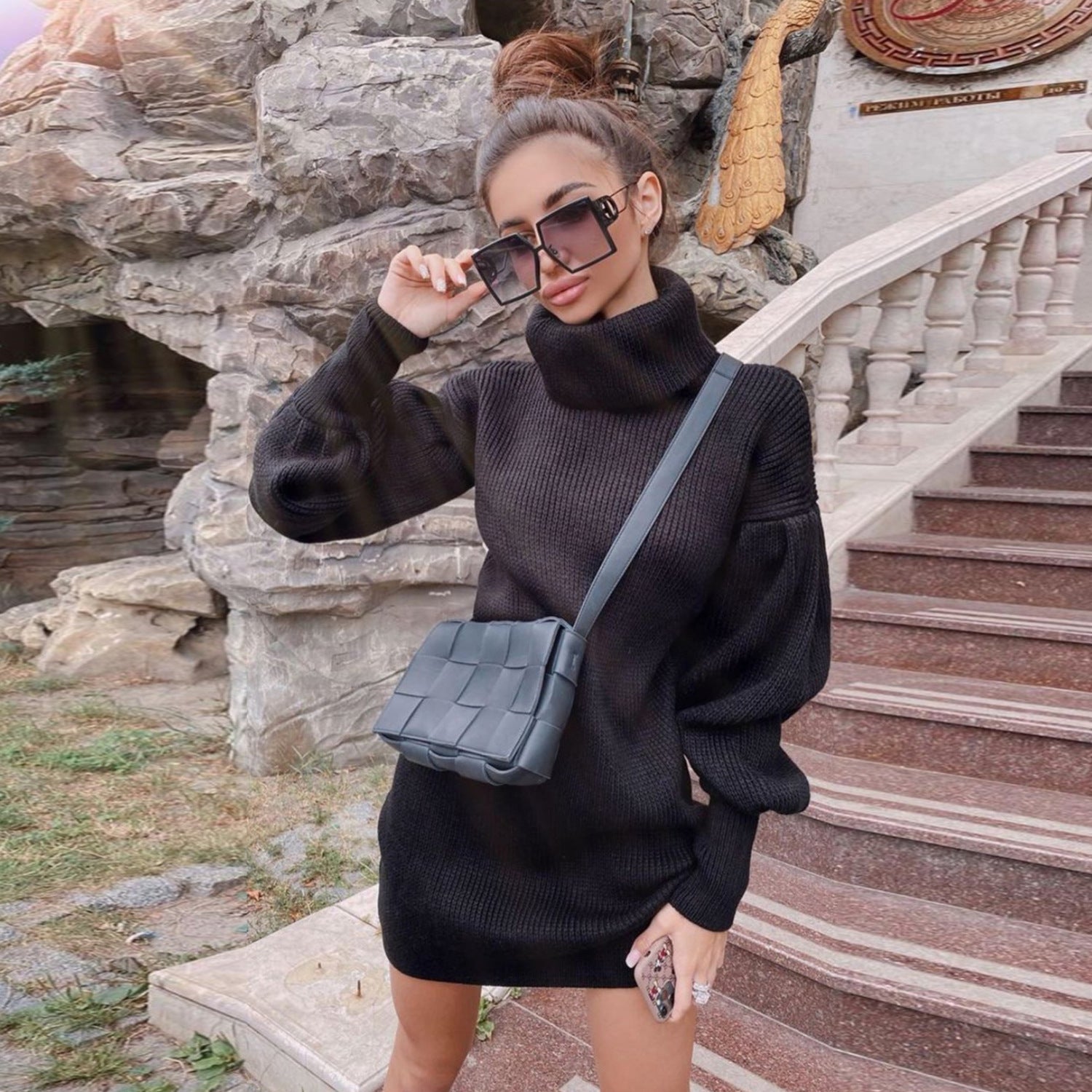 Lantern Sleeve Bodycon Turtleneck Knit Sweater Dress