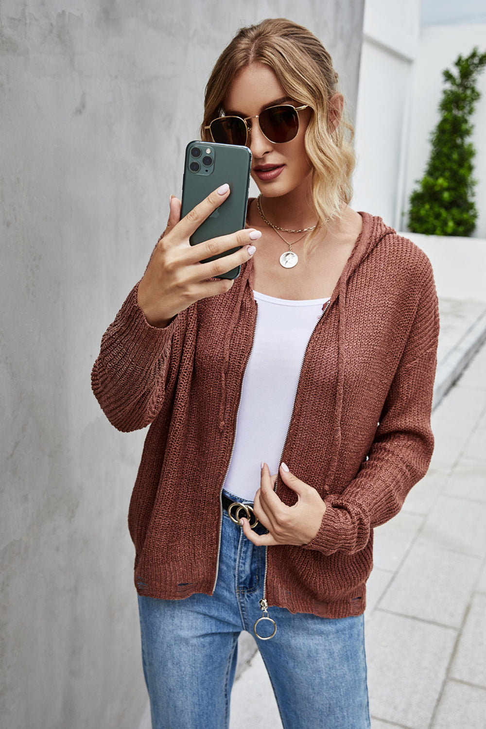 Knitted Open Front Hooded Sweater