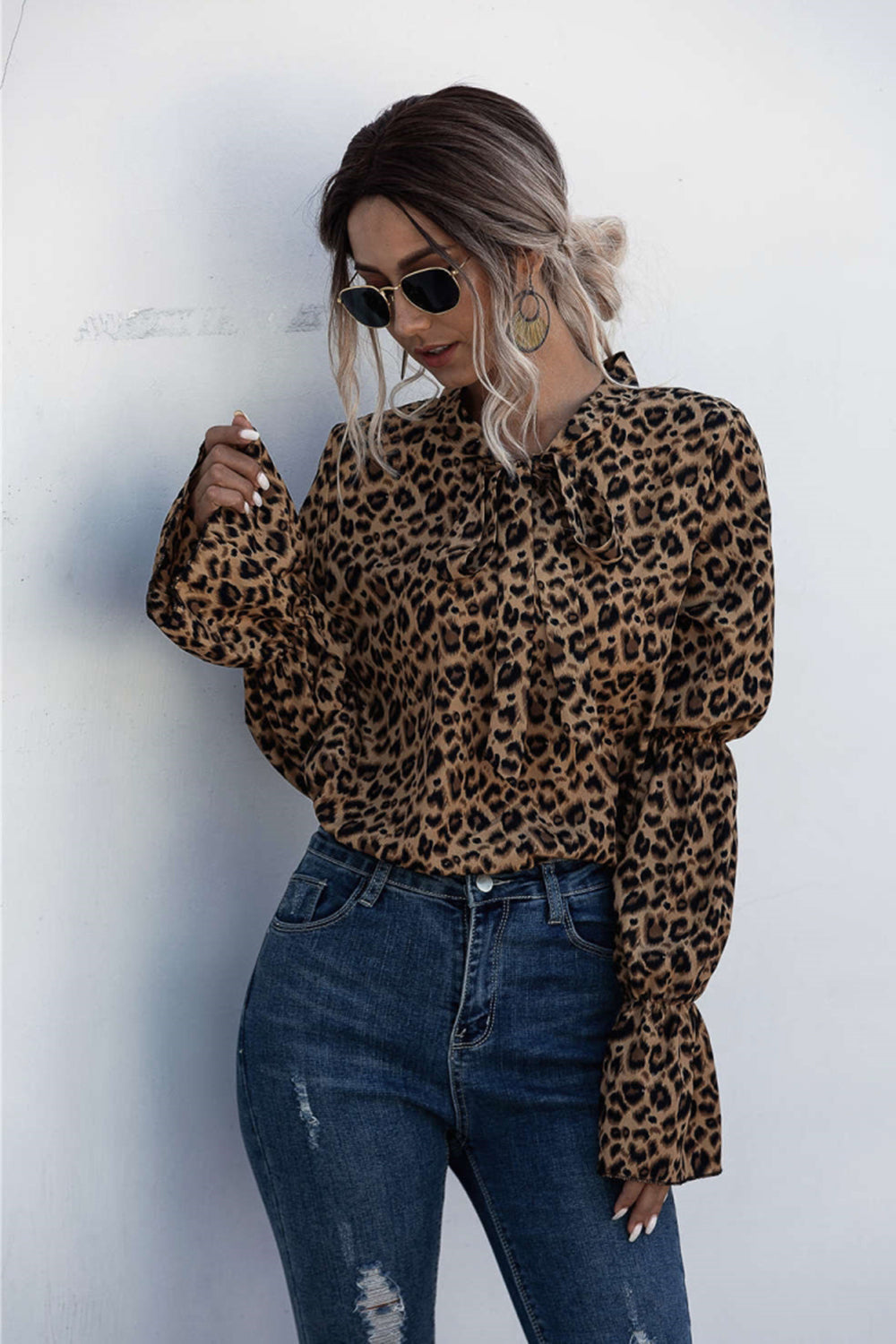 Leopard Lace Up Lantern Sleeve Blouse