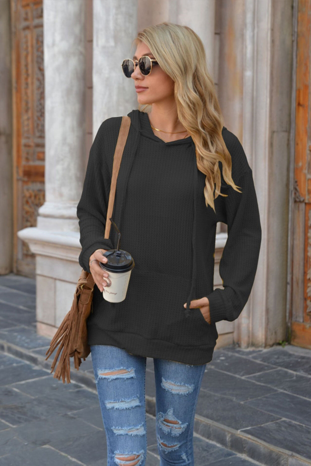 Hooded Pocket Solid Color Sweater