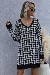 Houndstooth Pullover Slim V-neck Knitted Sweater