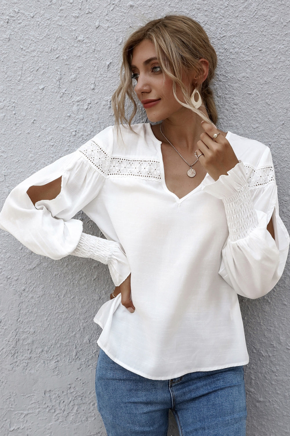 Lantern Sleeves V-neck Hollow Slit Blouse