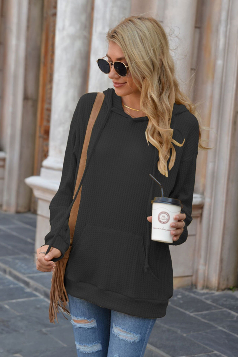 Hooded Pocket Solid Color Sweater