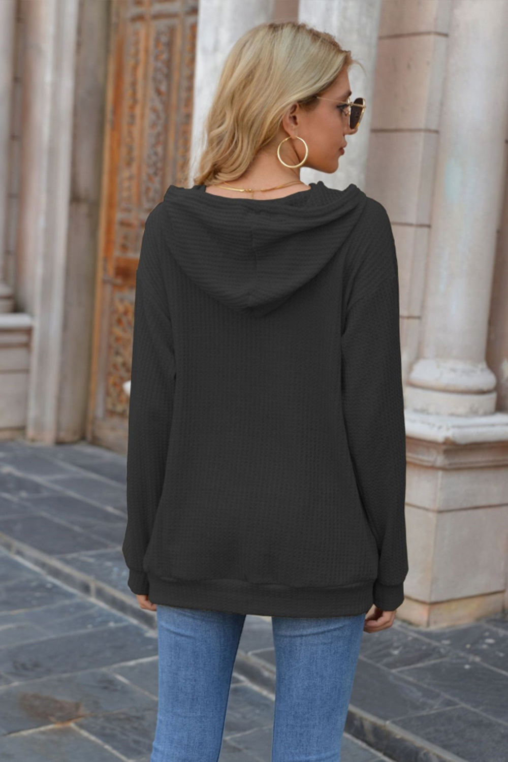 Hooded Pocket Solid Color Sweater