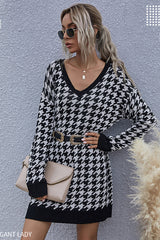 Houndstooth Pullover Slim V-neck Knitted Sweater