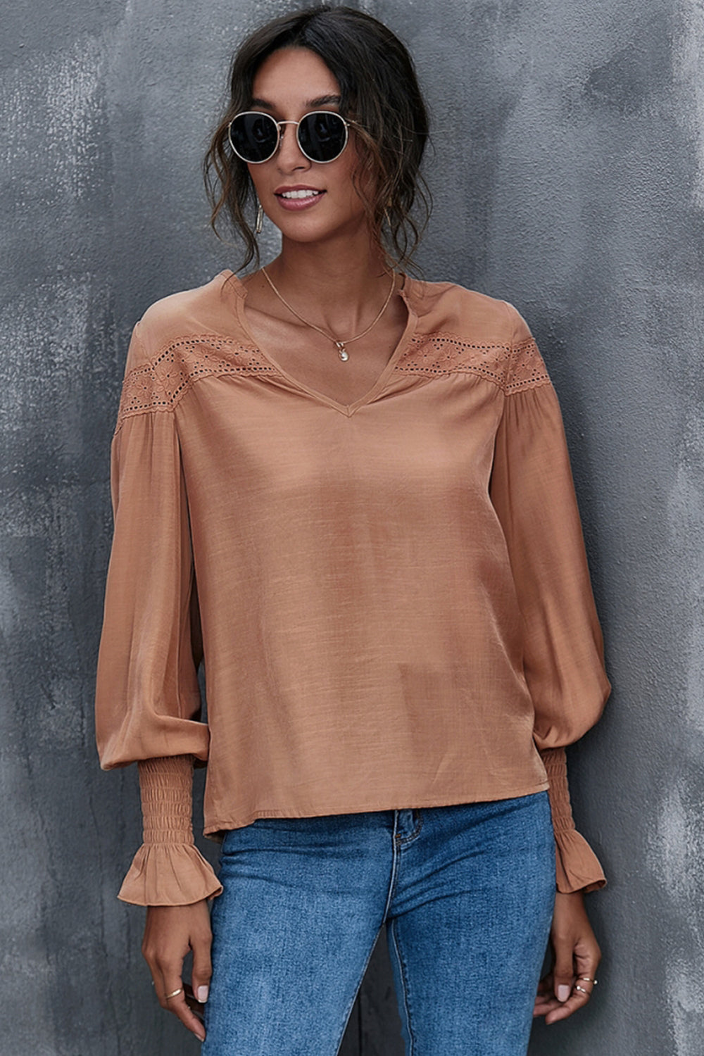 Lantern Sleeves V-neck Hollow Slit Blouse