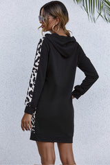 Black Hooded Leopard Print Patchwork Dress