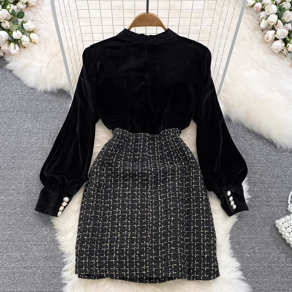 Autumn and winter retro stand-collar velvet long-sleeved splicing tweed a-line dress