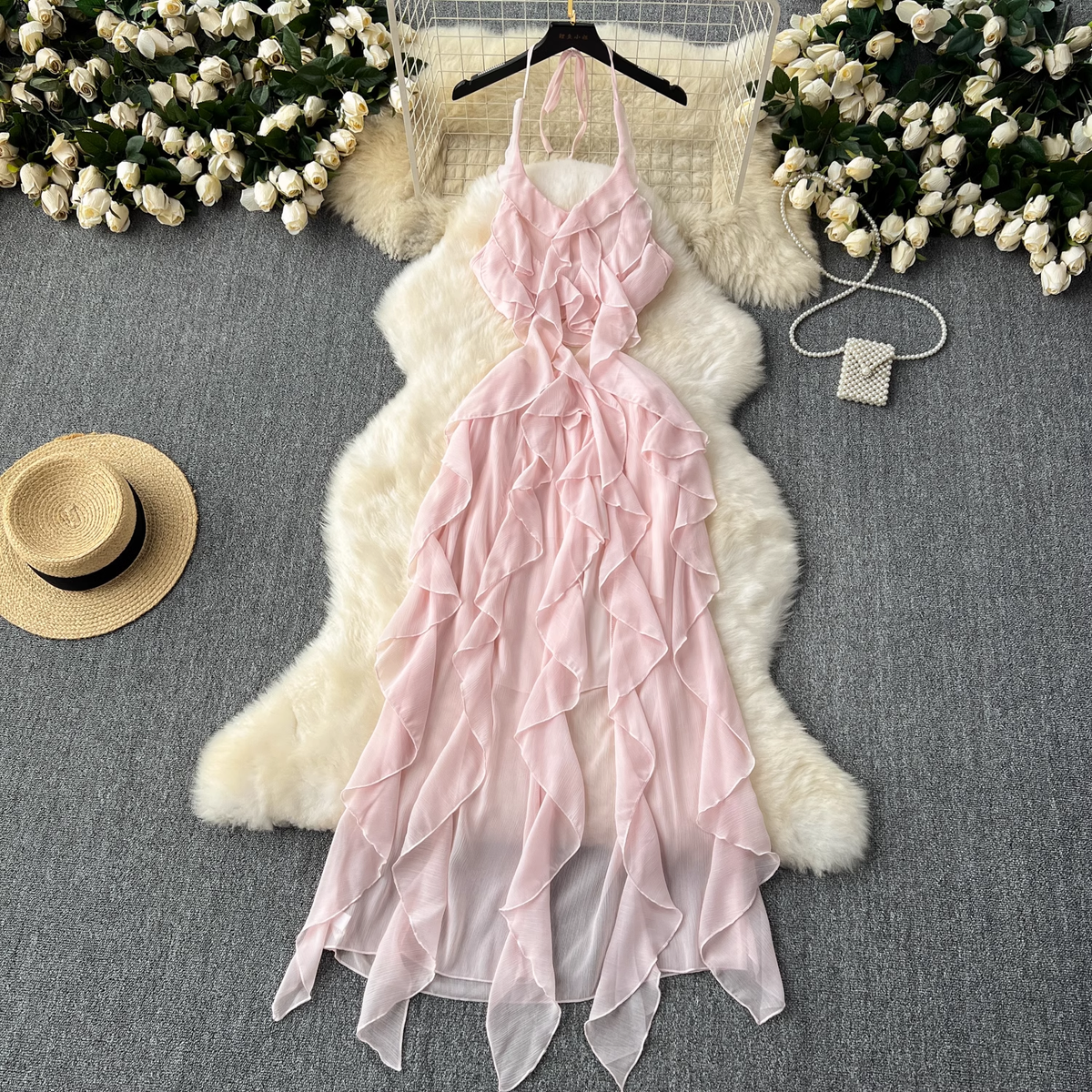 Pink irregular ruffled holiday fairy dress