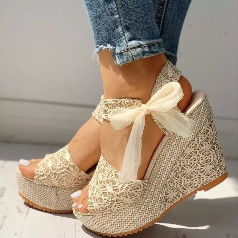 Lace Bow Wedges Sandals