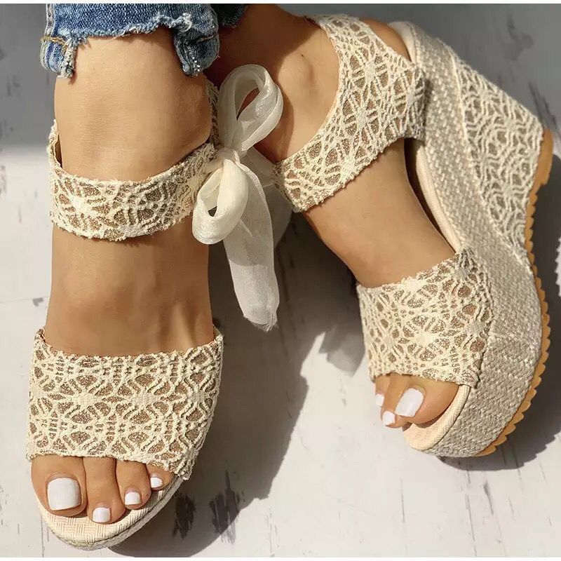 Lace Bow Wedges Sandals