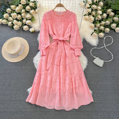 Women's long-sleeved round neck a-line embroidered hollow dress